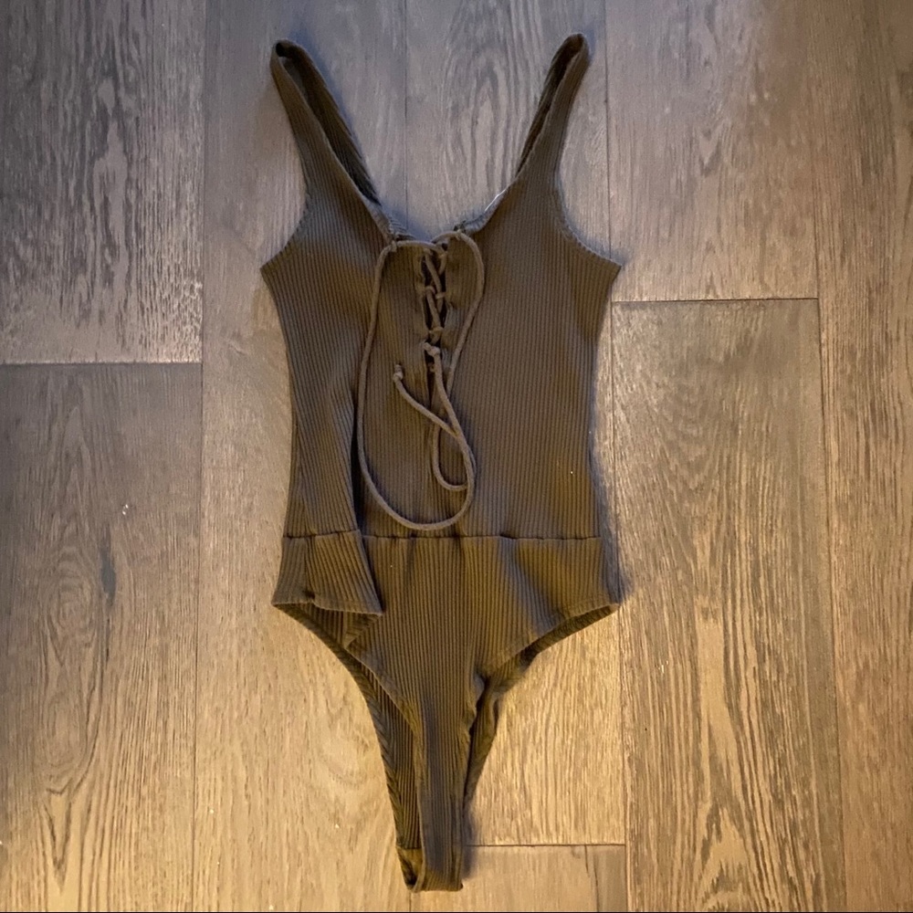 Sexy Lace up olive green bodysuit